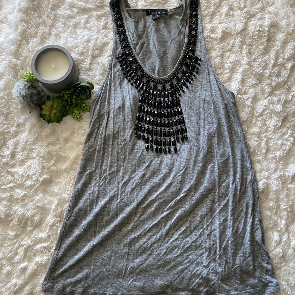 Forever 21 Charcoal Tank Top with Black Beaded Detail